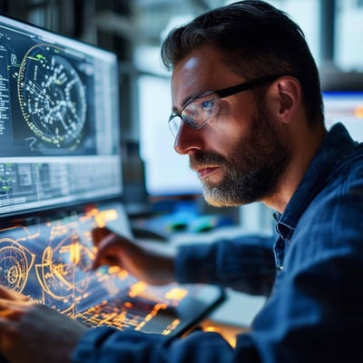 man looking at engineering data